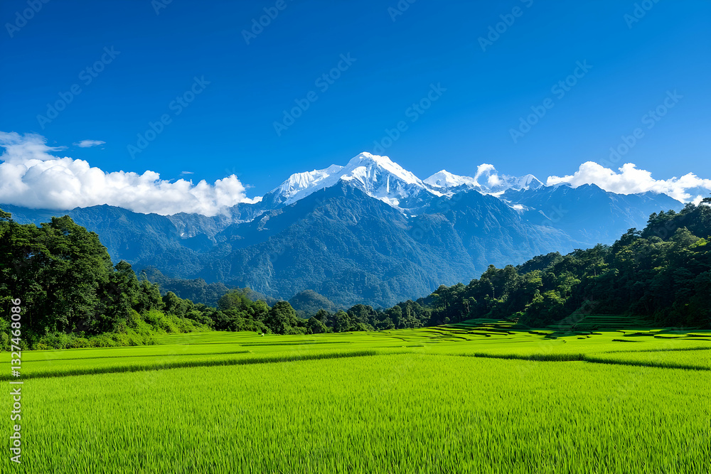Obraz premium Lush green rice paddies stretch beneath snow-capped mountains