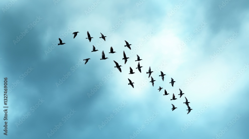 Dark Birds in Flight Against Cloudy Sky Dark Birds in Flight Against Cloudy Sky