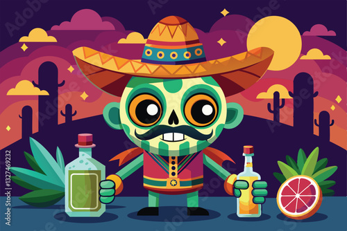 A whimsical cartoon character with a sombrero holds two tequila bottles amidst a vibrant desert sunset, Tequila Customizable Cartoon Illustration