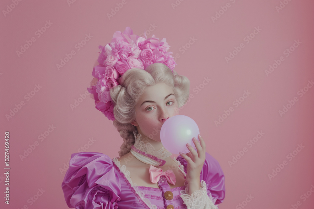 Fototapeta premium A girl blows bubble gum, dressed in exquisite baroque costumes, showcasing elegance and historic charm, with a pink background.