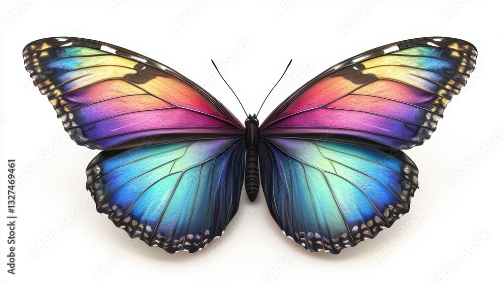 Fototapeta premium Exquisite butterfly with rainbow colored wings displayed against a clean white background capturing nature's beauty