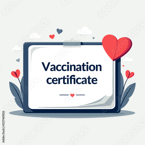"Vaccination certificate with a heart, immunization, flu prevention, and medical safety, flat design"