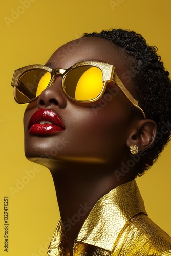 Close up of woman wearing gold shirt, gold glasses against a yellow background