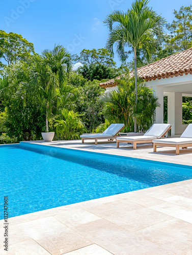 Wallpaper Mural Luxurious poolside patio with sun loungers. Tropical paradise Torontodigital.ca