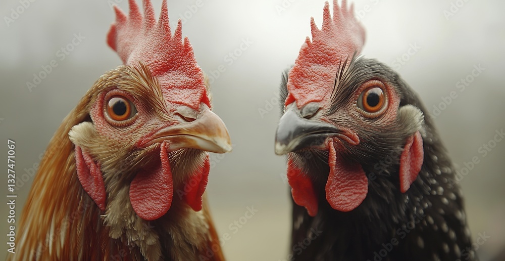 Fototapeta premium Close - up of the heads of two chickens, highlighting their distinct facial features like red combs and bright eyes, perfect for agricultural, poultry - related, or animal - themed materials.
