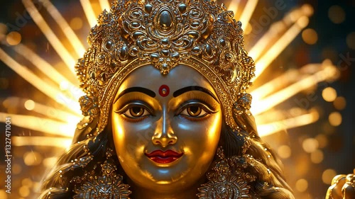 A beautifully crafted golden idol of Goddess Durga, glowing with divine energy and adorned with intricate jewelry and a radiant aura. . High quality 4k footage