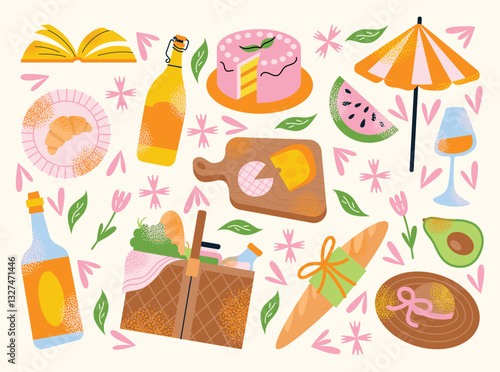 Picnic food and drinks with fruits, bread, and beverages. Flat vector illustration of picnic basket, cake, cheese board, and umbrella with decorative flowers and leaves. Summer picnic concept