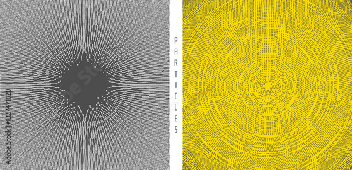 Small particles strive out of center. Array with dynamic particles. Abstract circular background with dynamic dots. Structure for science or technology. Grid. Illustration for cover, design, print.