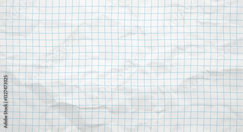 Crumpled grid paper with a squared pattern, graph paper, blank white paper texture background. Vector design. A wrinkled and creased blank paper texture in white, perfect for grunge backdrop design.