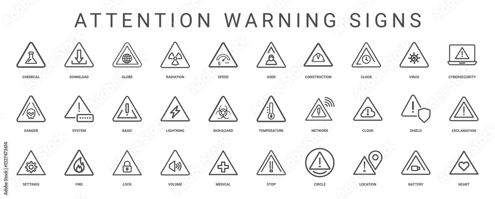 attention warning signs collection symbols for hazards systems potential dangers, system clock virus cybersecurity attention warning signs collection symbols for hazards systems potential dangers, system clock virus cybersecurity