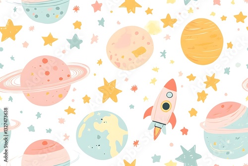 Cute pastel planets, stars, and rockets, seamless pattern for kids' room wallpaper and textiles