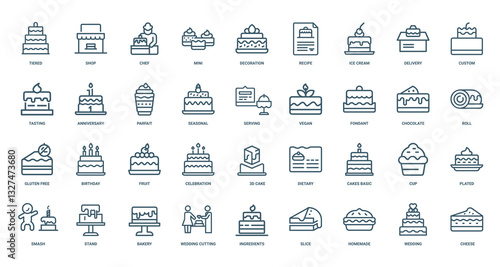 cake icons collection, cake types, preparation methods services