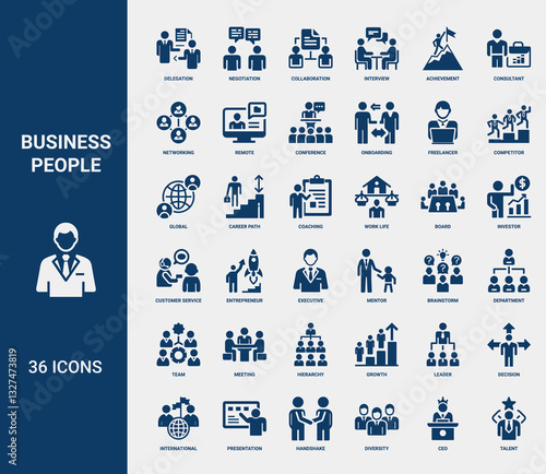 business people icons, delegation negotiation collaboration among concepts, Investor Work Board Coaching life