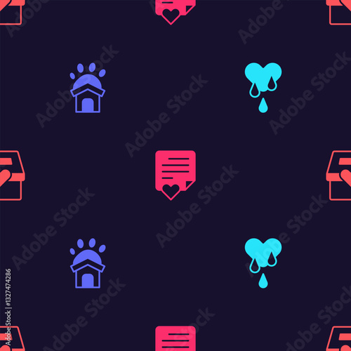 Set Blood donation, Animal shelter house, Envelope with heart and Donation and charity on seamless pattern. Vector