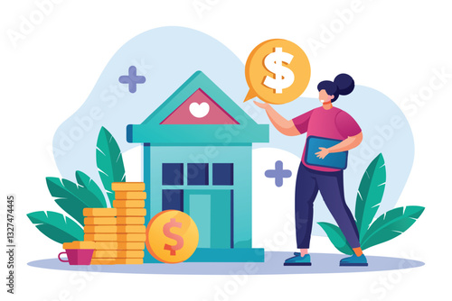 A woman is at a bank, withdrawing cash while surrounded by stacked coins and plants, The activity of withdrawing money from the bank trending