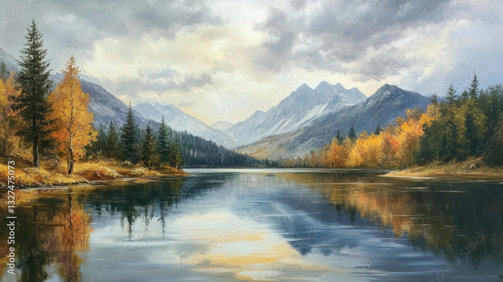 Serene lake surrounded by mountains and trees, reflecting autumn colors under a cloudy sky. Serene lake surrounded by mountains and trees, reflecting autumn colors under a cloudy sky.