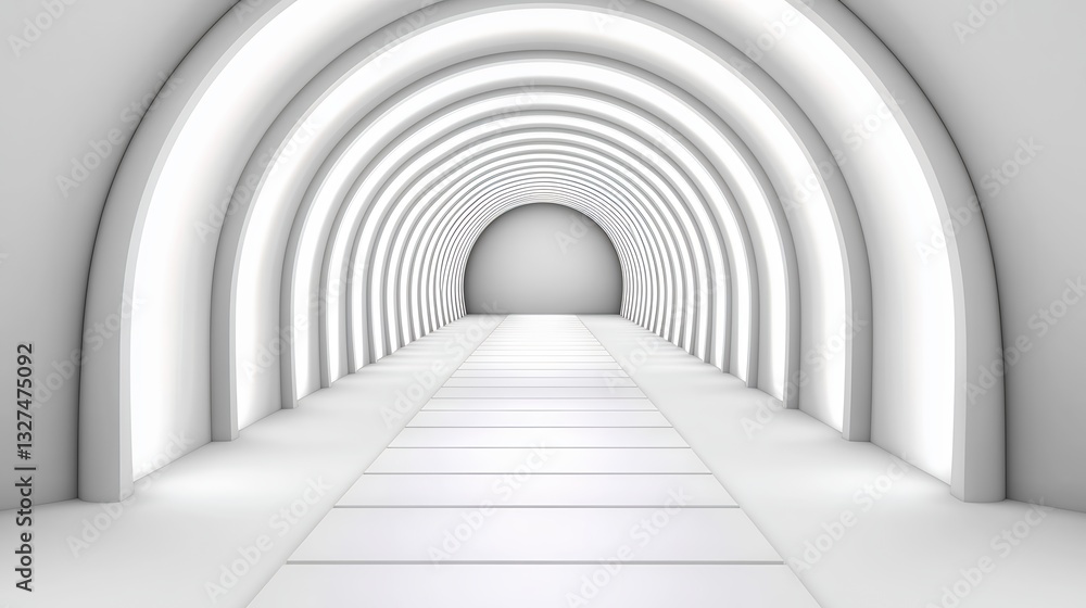 Obraz premium A modern, minimalistic tunnel with soft, glowing lights and a smooth pathway leading into a circular archway.