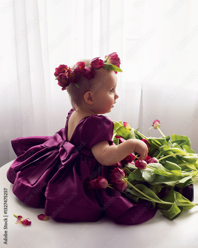 A portrait of a cheerful, beautiful one-year-old girl sit in a burgundy dress at the window of the house. He wears a wreath of flowers on his head