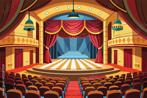 The theatre features an empty stage with red curtains, awaiting the next performance in a historic venue, Theatre interior with empty scene,