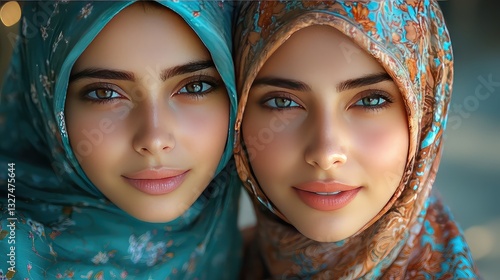 Two Young Muslim Women in Vibrant Headscarves Pose Closely Together, Displaying Beauty and Sisterhood in a Close-Up Portrait