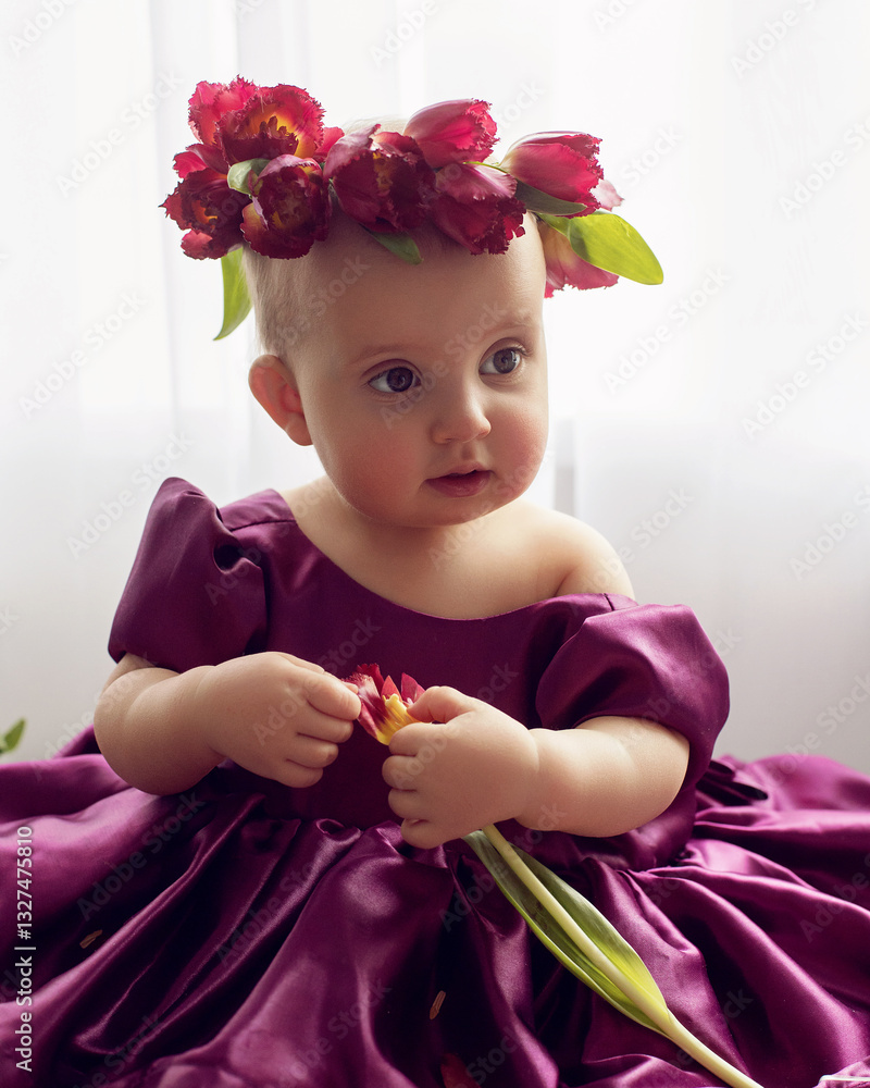 A portrait of a cheerful, beautiful one-year-old girl stands in a burgundy dress at the window of the house. He wears a wreath of flowers on his head