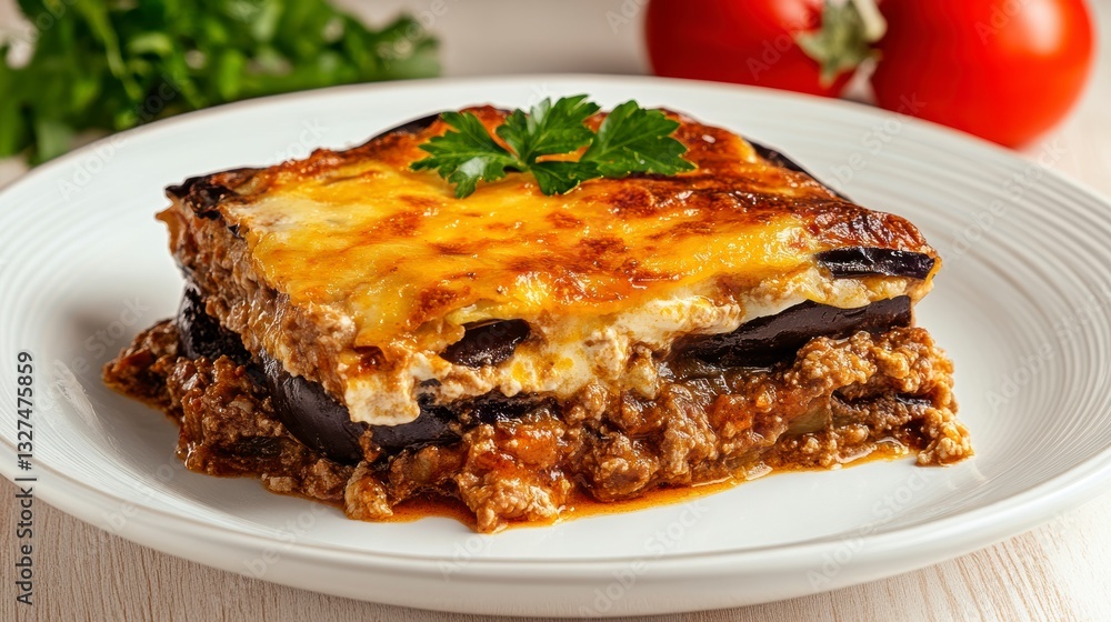 Golden Brown Eggplant Moussaka with Meat Sauce and Creamy Cheese Golden Brown Eggplant Moussaka with Meat Sauce and Creamy Cheese