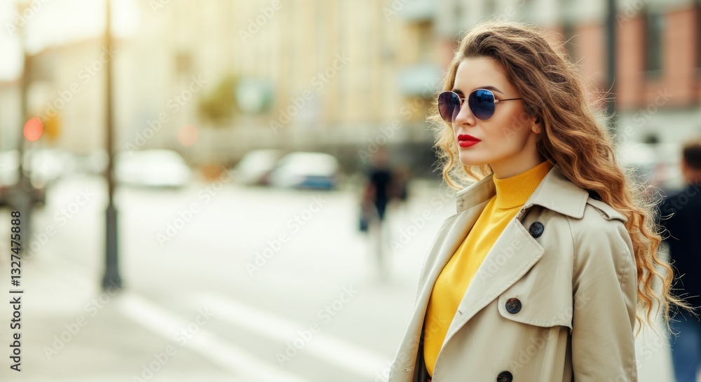 Obraz premium Stylish young caucasian female in sunglasses and trench coat on urban street