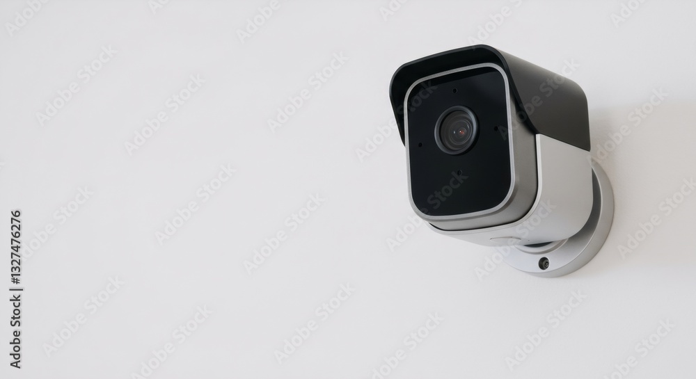 Smart security camera on white wall. Home surveillance system for safety monitoring. Modern technology for property protection and crime prevention. Smart security camera on white wall. Home surveillance system for safety monitoring. Modern technology for property protection and crime prevention.