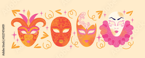 Decorative Venetian carnival masks with ornate patterns and swirls. Flat vector illustration of masquerade masks in pink, gold, and red with festive elements. Carnival and masquerade party concept