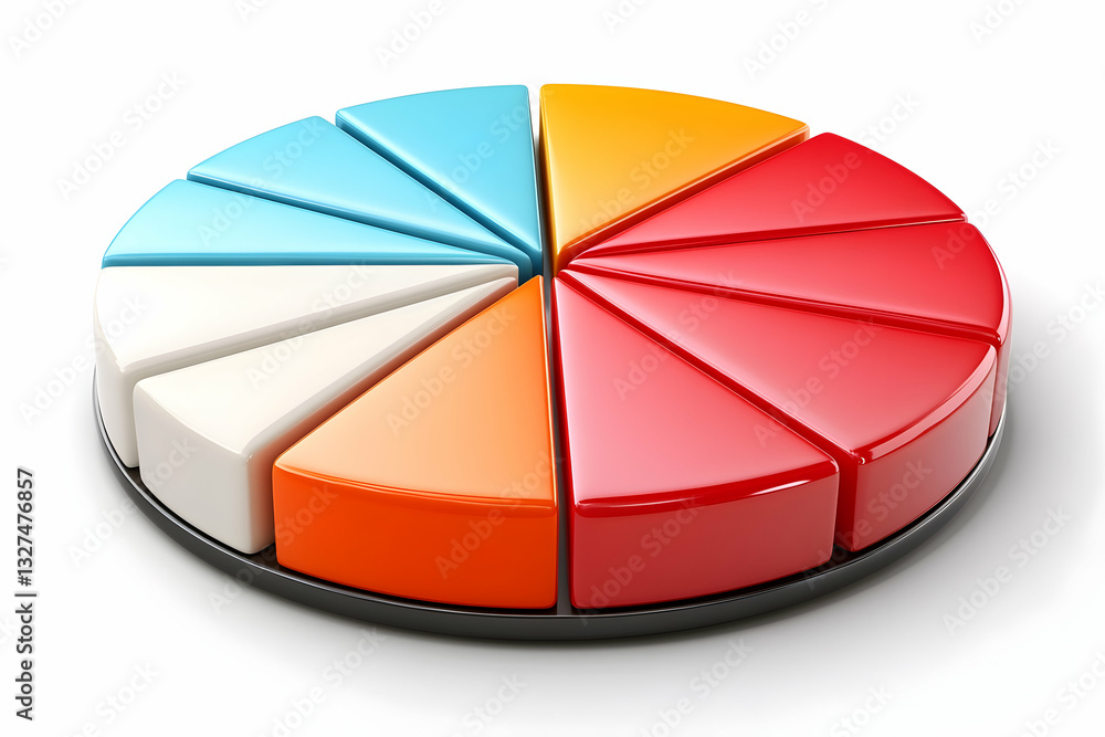 Obraz premium A 3D pie chart divided into twelve colorful segments, showcasing data visualization