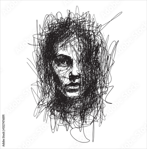 Sketch of female portrait. Doodle drawing. Vector illustration of face. Woman drawn with ink. Line drawing art.