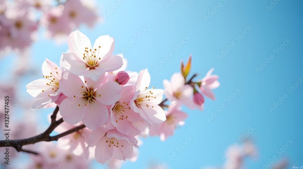 Obraz premium Stunning Delicate Pink Cherry Blossoms Blooming on Tree Branch Against Vibrant Blue Sky - Spring Flowers Nature Beauty Closeup Photography