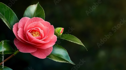 Pink Camellia Blossom Close Up with Bud and Dark Green Leaves
