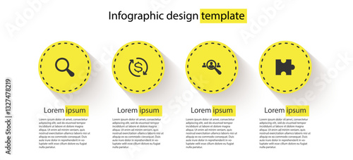 Set Magnifying glass, Return of investment, for search people and Piece puzzle. Business infographic template. Vector