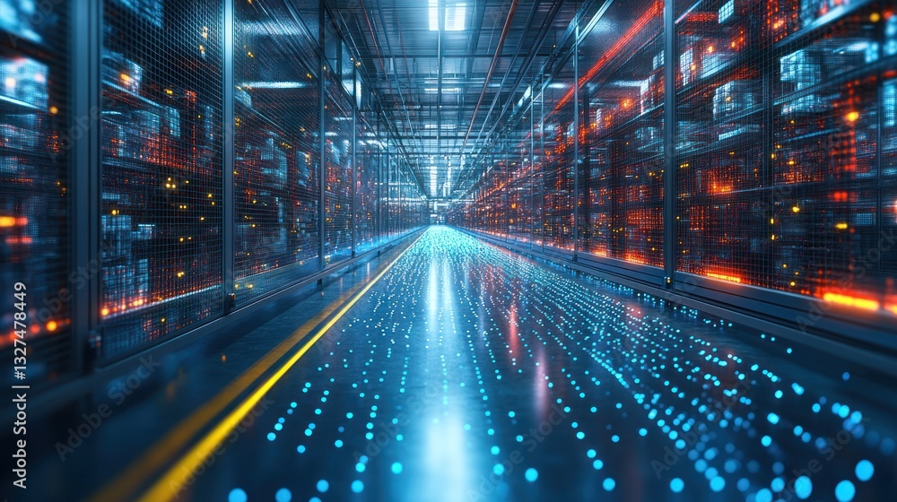 Server room data center with glowing servers and data flow Server room data center with glowing servers and data flow