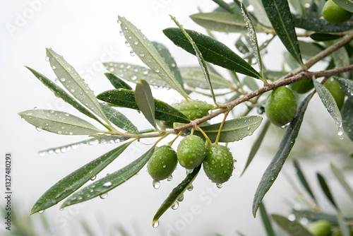 Fresh Olive Branch with Green Olives and Raindrops Glistening on Leaves Against Soft Background