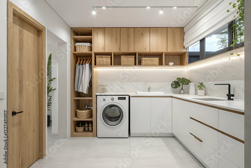 Modern laundry room design with wooden accents, sleek cabinetry, and bright lighting in a contemporary home setting featuring plants and organized storage solutions