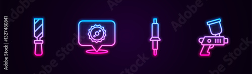 Set line Rasp metal file, Circular saw blade, Soldering iron and Paint spray gun. Glowing neon icon. Vector