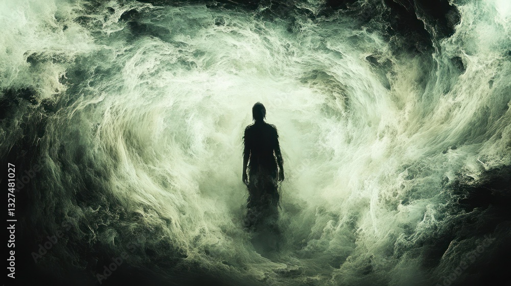 Fototapeta premium Silhouette figure walks through swirling ethereal clouds