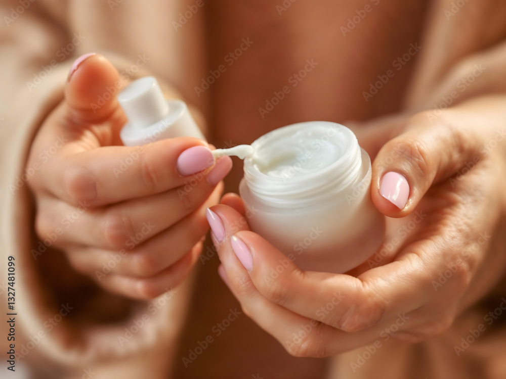 closeup hands holding moisturizing cream in glass jar, soft skin, natural lighting closeup hands holding moisturizing cream in glass jar, soft skin, natural lighting
