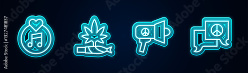 Set line Vinyl disk, Marijuana joint, spliff, Megaphone and Speech bubble chat. Glowing neon icon. Vector