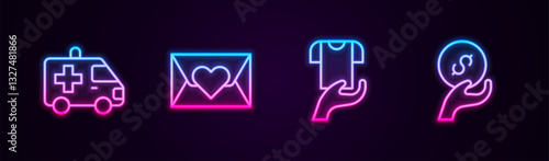 Set line Ambulance car, Envelope with heart, Clothes donation and Donation and charity. Glowing neon icon. Vector