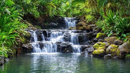A serene waterfall cascades over rocks into a tranquil pool, surrounded by lush greenery, creating a peaceful natural oasis.