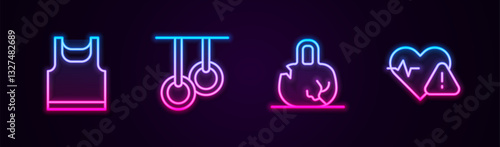 Set line Sleeveless t-shirt, Gymnastic rings, Broken weight and Heart rate. Glowing neon icon. Vector