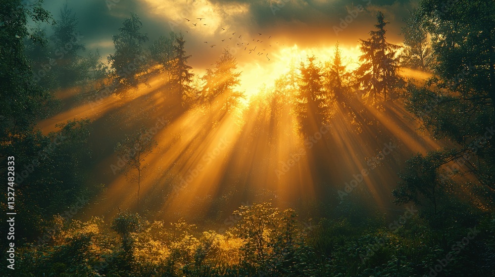 Naklejka premium Golden sunrise rays illuminate misty forest.