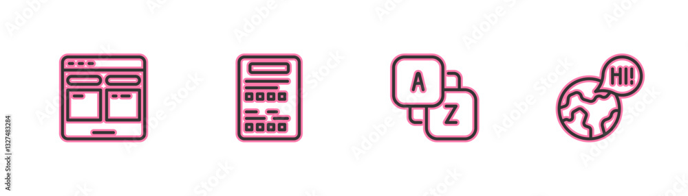 Set line Online translator, Vocabulary, Exam sheet and Learning foreign languages icon. Vector Set line Online translator, Vocabulary, Exam sheet and Learning foreign languages icon. Vector