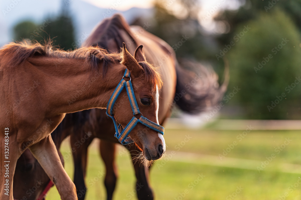 Small brown Arabian horse foal, blurred ranch green field background