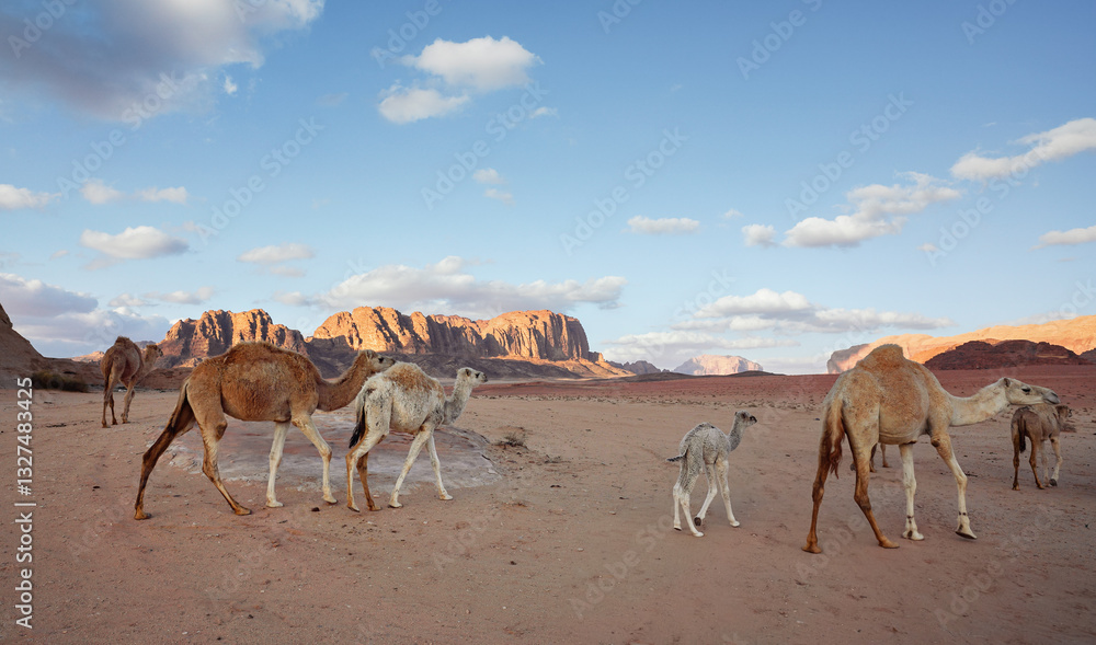 Group of camels on orange sandy Wadi Rum desert, mountains background