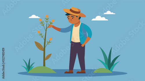 The once hopeful farmer now stands dejected holding a dead plant a representation of the harsh realities of agricultural life.. Vector illustration