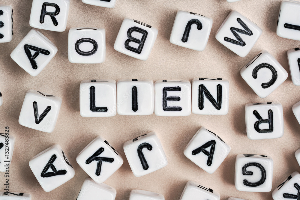 Small white and black bead cubes on a board, letters in middle spell LIEN